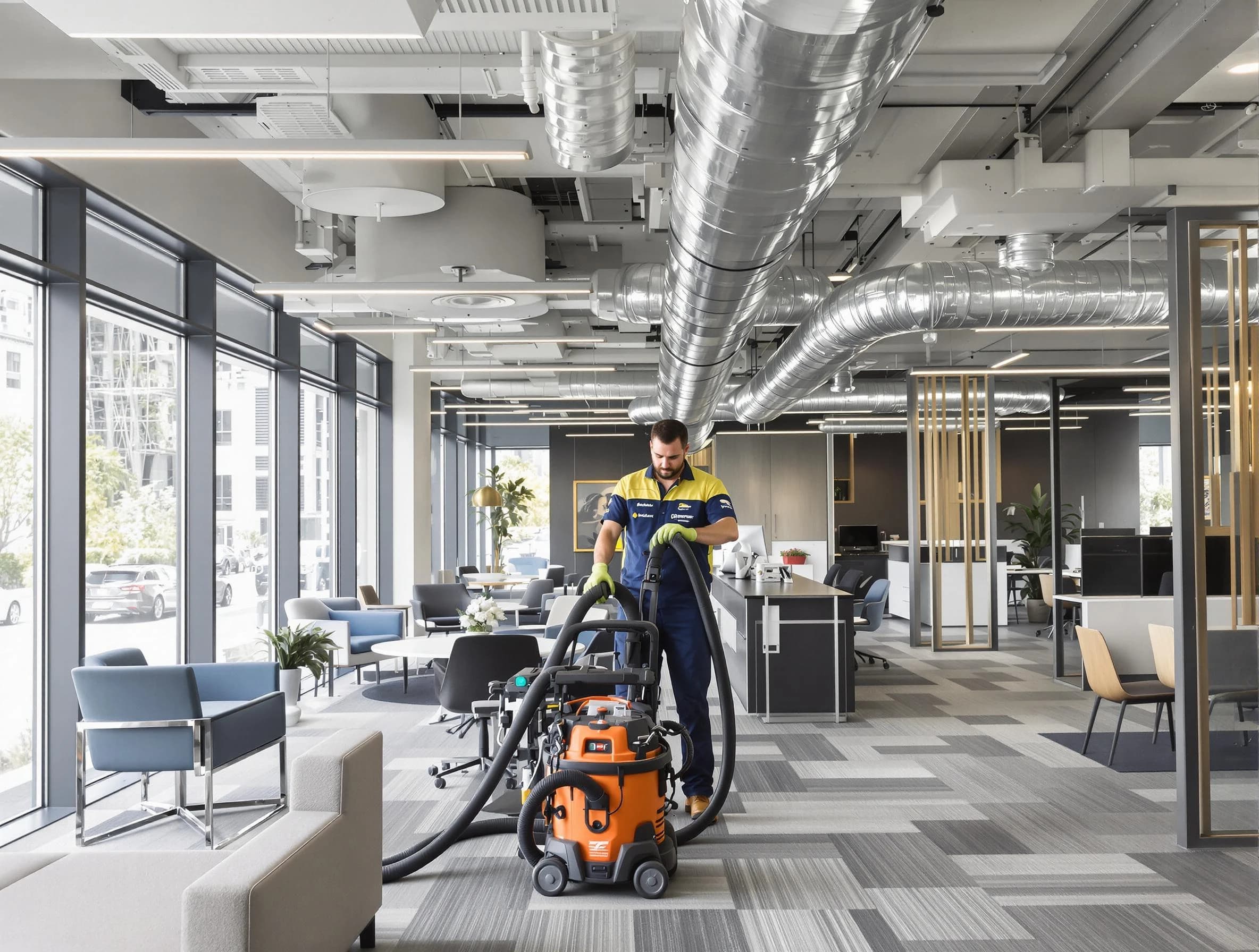 Peachtree Corners Air Duct Cleaning team performing thorough commercial duct cleaning at a Peachtree Corners business center